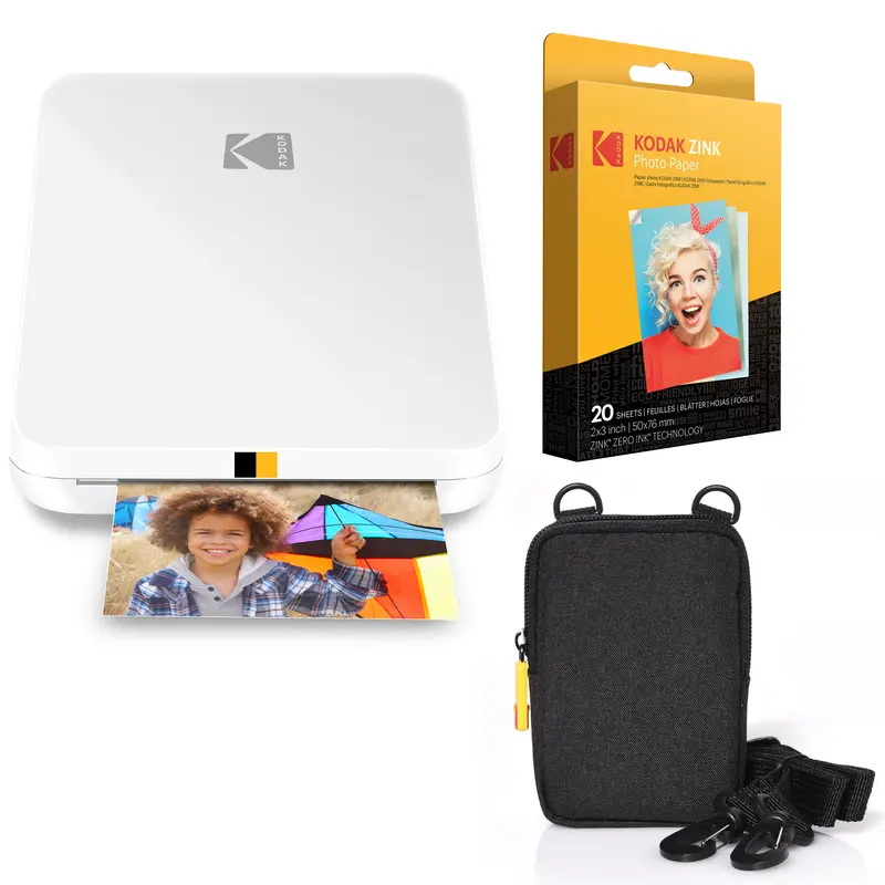Kodak Step Slim Portable Instant Print Phone Printer Bundle, 2x3 in Detailed Prints, White, 0.9"d x 3.25"w x 4.9"h, 0.24kg, Durable Wireless WiFi Smart Printer for iOS/Android, 20 Sheets Glossy Zink Paper, Storage Bag, Office Mobile Accessory