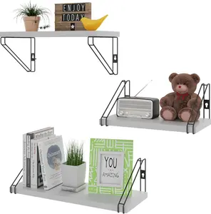 Set of 3 White Floating Shelves for Wall, Wooden Wall Shelves with Sturdy Metal Brackets, Wall Mounted Rustic Bookshelf for Bedroomand bathroom. Decor Kitchen