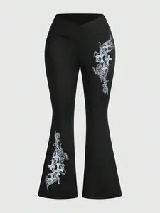 Women's High Waist baggy leggings, High Waisted Leggings, Cross Waist Design, Tummy Control, Shaping Leggings, Wings & Cross Print, Graphic Print Leggings, Casual Fitted Leggings for All Seasons, Athleisure Fitness Leggings