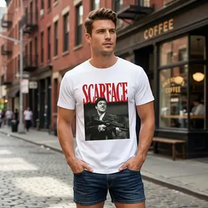 Men's Classic Round Neck Short-Sleeve Cotton Print Casual T-Shirt - Scarface Tony Montana Retro Movie Graphic Top, Summer Streetwear for Daily Wear, Casual T-Shirts