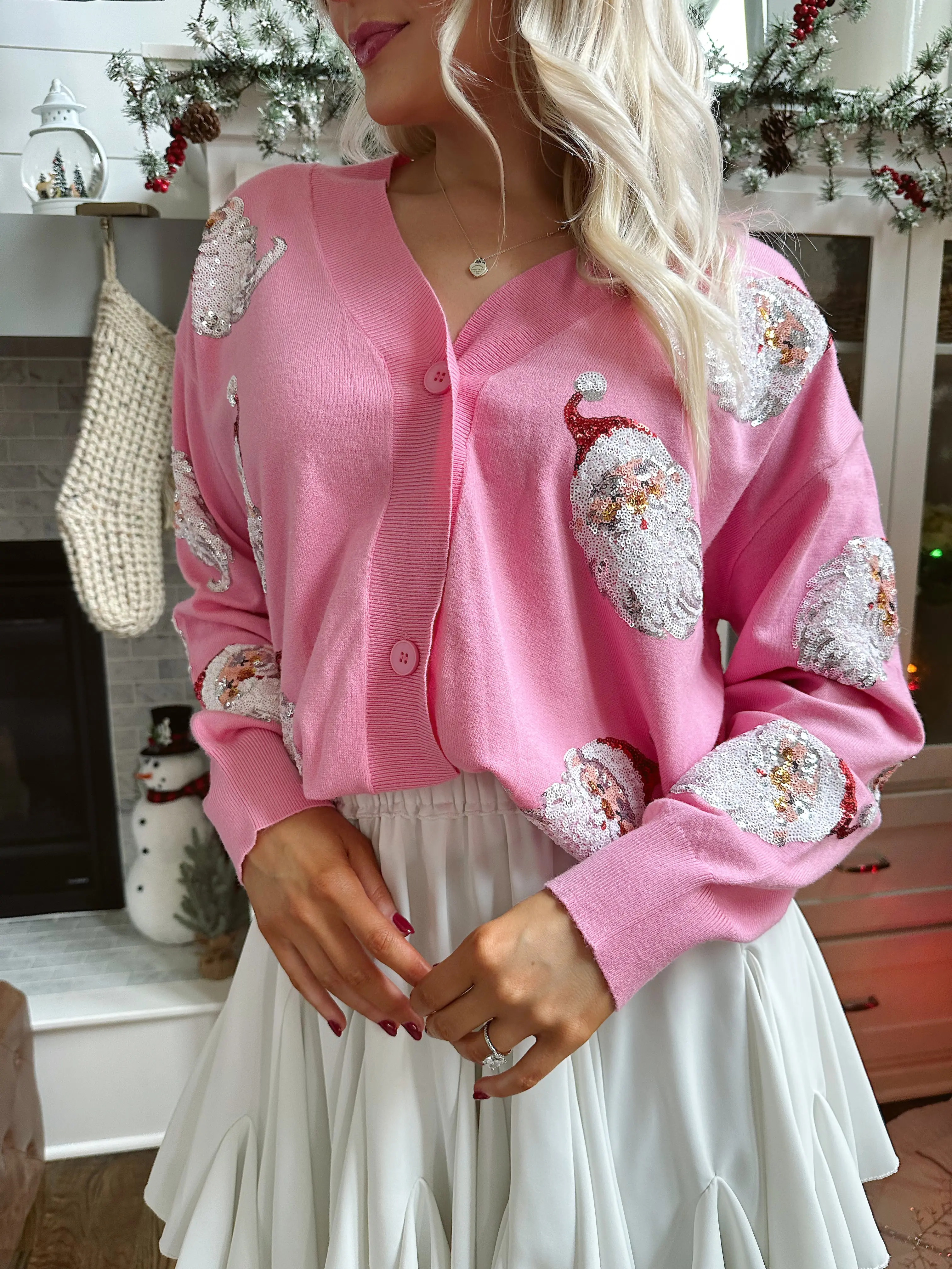 Bubble Gum Dreams Pink Santa Cardigan