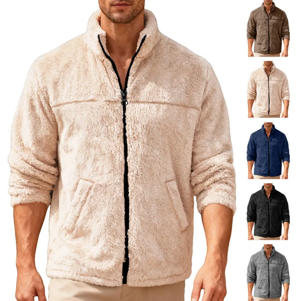 Men's Fleece Sherpa Longsleeves Jacket - Beige, Stylish, Oversized, Warm, Multi-Function Zip-Up Winter Casual Menswear Outerwear