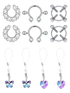 5 Pairs Non-Piercing Clip On Nipple Rings, Adjustable Dangling Heart Butterfly Breast Jewelry for Women Stainless Steel Faux Piercing Jewelry