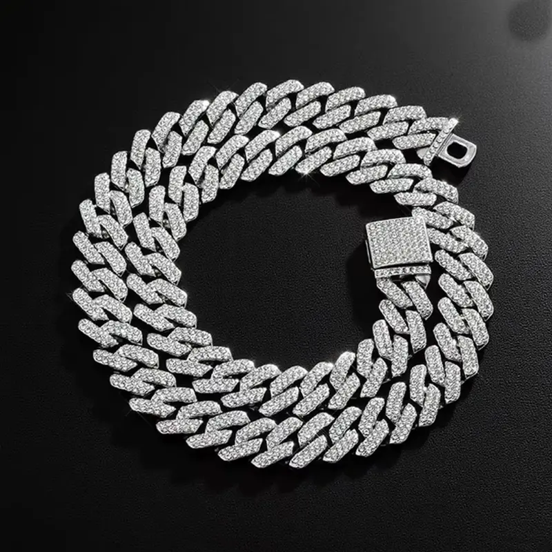 16/18/20/24ih Prong Cuban Link Chain for Women Men Iced Out 2 Row 15mm Rhinestone Miami Rhombus Hip Hop Cuban Necklaces Jewelry