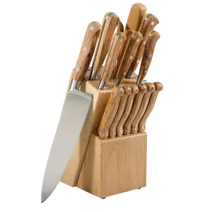 Martha Stewart 15 Piece Austenwood German Stainless Steel Cutlery Kitchen Knife Block Set W/ Italian Olive Wood Forged Handle & Wood Block