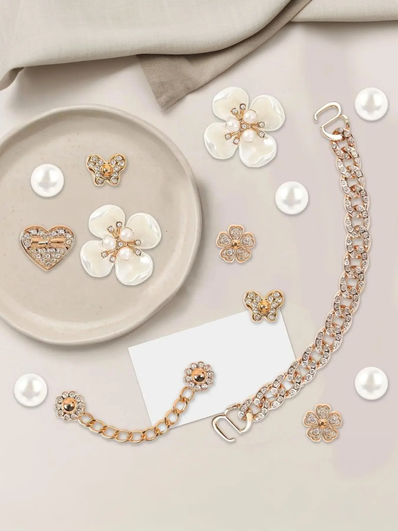 Sparkling shoe embellishment set, featuring pearl flowers and crystal rhinestones, perfect for Crocs, cute decorations, great for parties and birthdays. TikTokShopBlackFriday, Sparkling Shoe Charms, Decorative Shoe Accessories