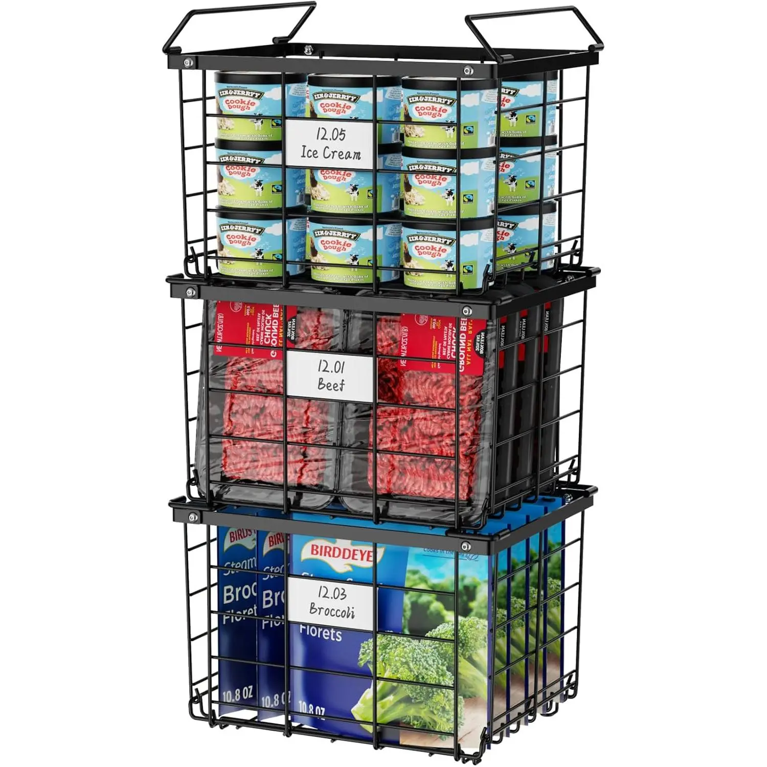 Freezer Organizer Bins - Stackable for 3.5 Cu.ft Freezer, 3 Pack| Easy Access for Frozen Food with Label & Wire Handles, Chest Freezer, Daily Restock Use, Assembly Required