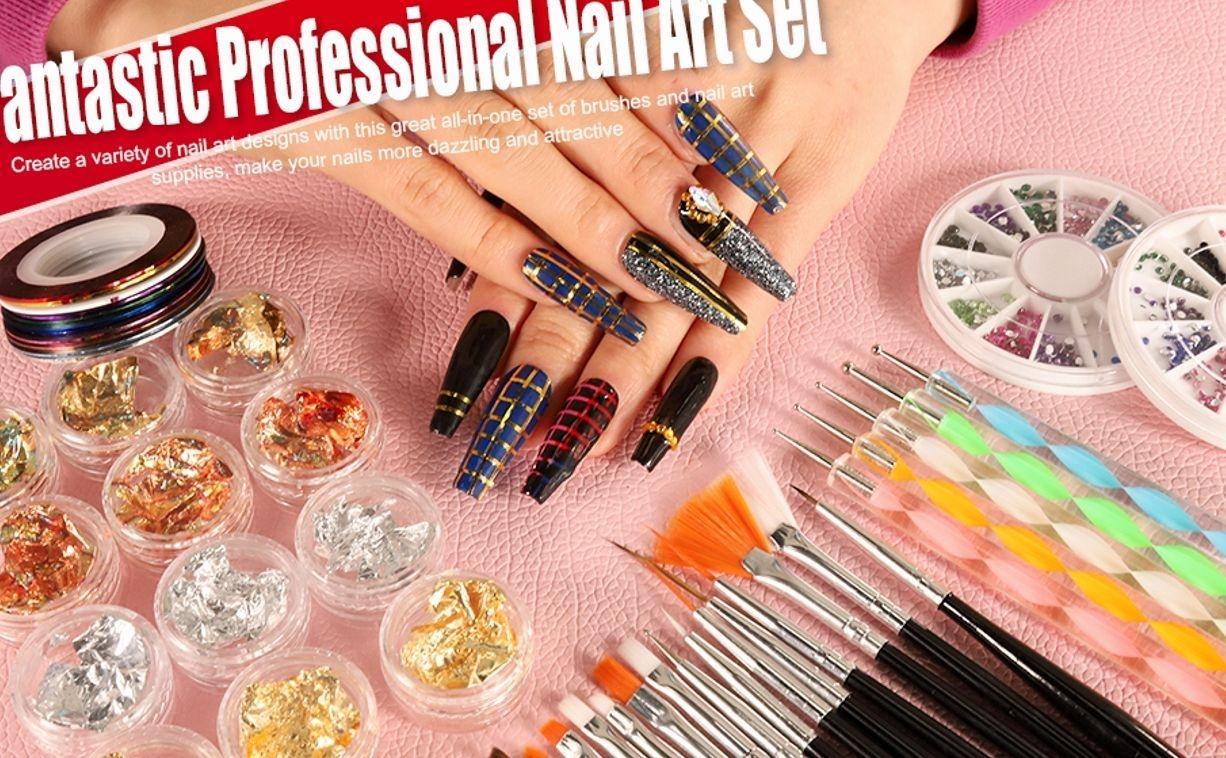 Stamp Nail Art Tool with 15pcs Nail Painting Brushes, Nail Dotting Tool, Nail Foil, Manicure Tape, Color Rhinestones for Nails-Black