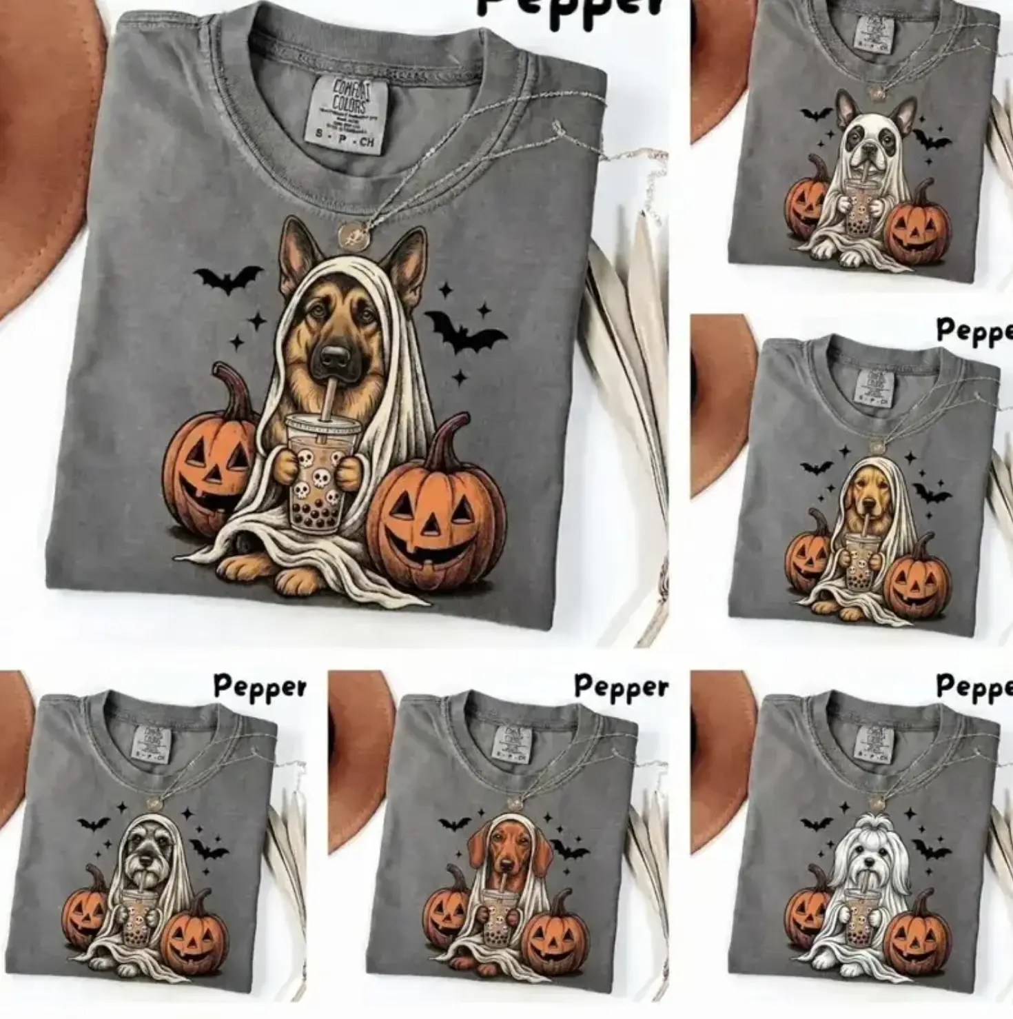 Comfort Colors Pepper Dog Shirt, 50+ Dog Breeds Custom Ghost & Boba Tea Halloween Tee, Funny Dog Lover Gift, Spooky Season Graphic Shirt For Men And Women