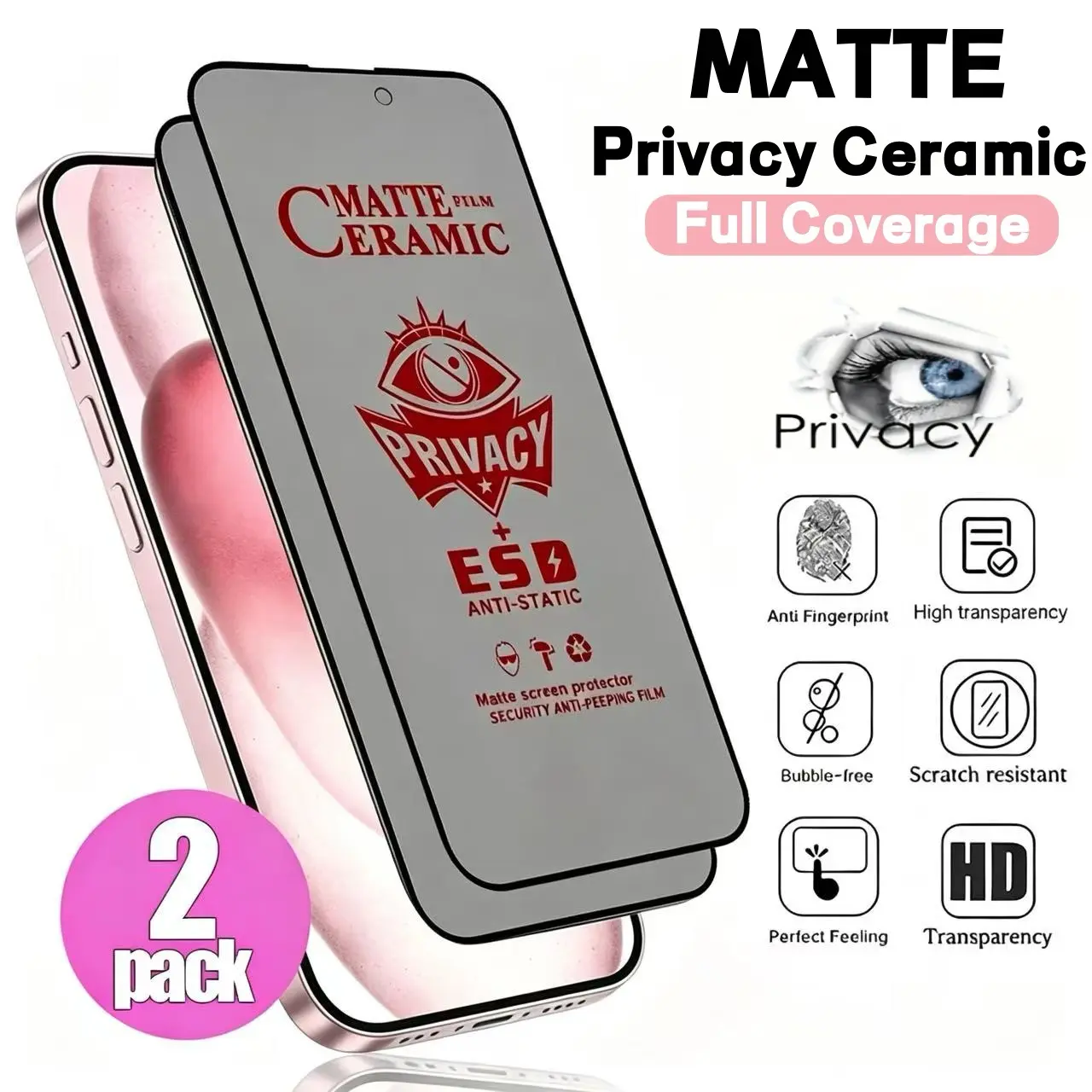 2 Pack Matte Privacy Ceramic Film for iPhone 17/17 Pro/17 Pro Max/17 Air/16E/16/15/14/13/12/11/Pro Max/Pro/Plus,Full Coverage,Matte Surface,Anti-Glare,Anti-Peeping,Anti-Fingerprint,Scratch-Resistant,Bubble-Free,Case Friendly