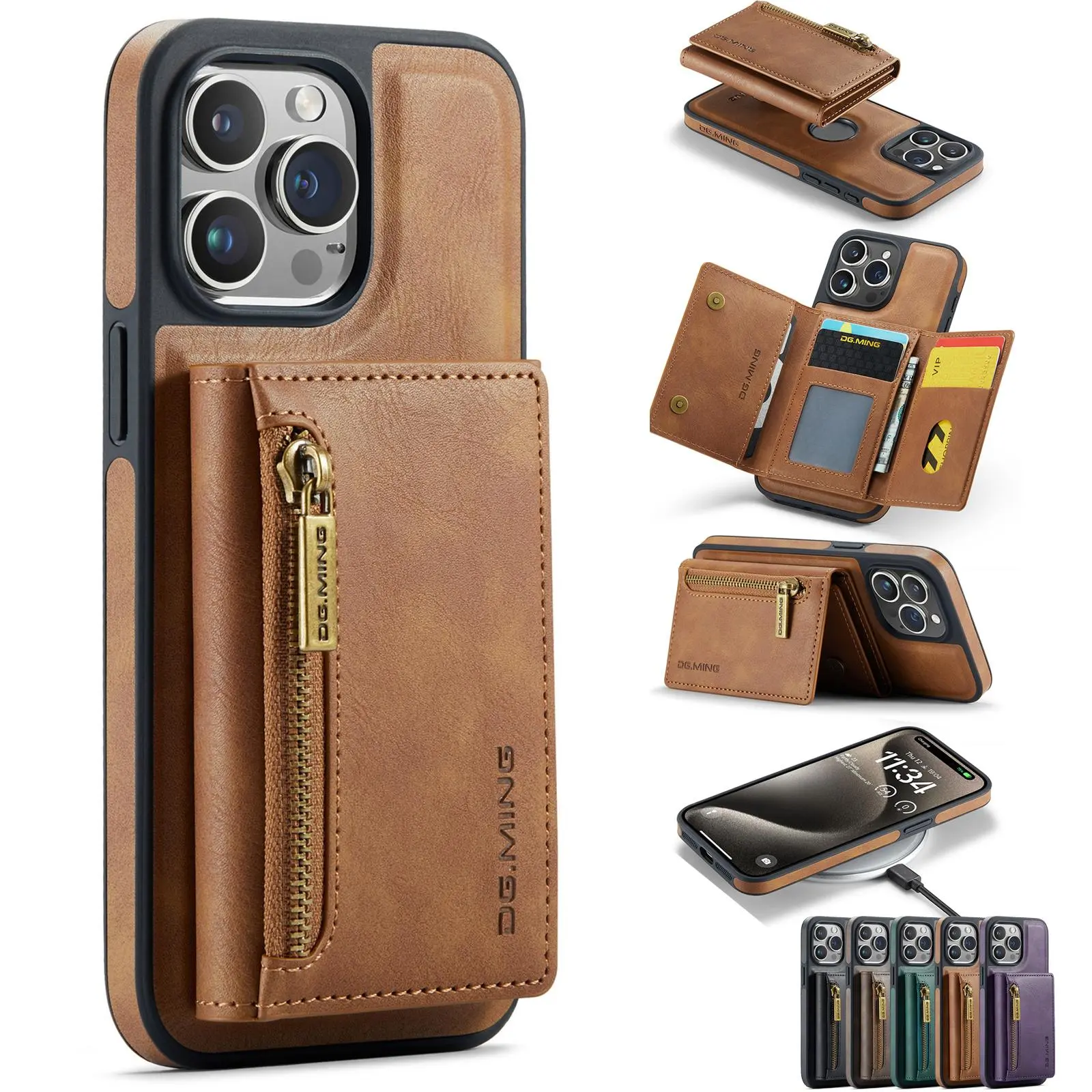 2-in-1 high-end leather zipper magnetic card bag suitable for left and right opening phone case, Cover, Smartphone, suitable for Apple iPhone 17 Pro Max, 16, 15 Pro, Accessories, Casing
