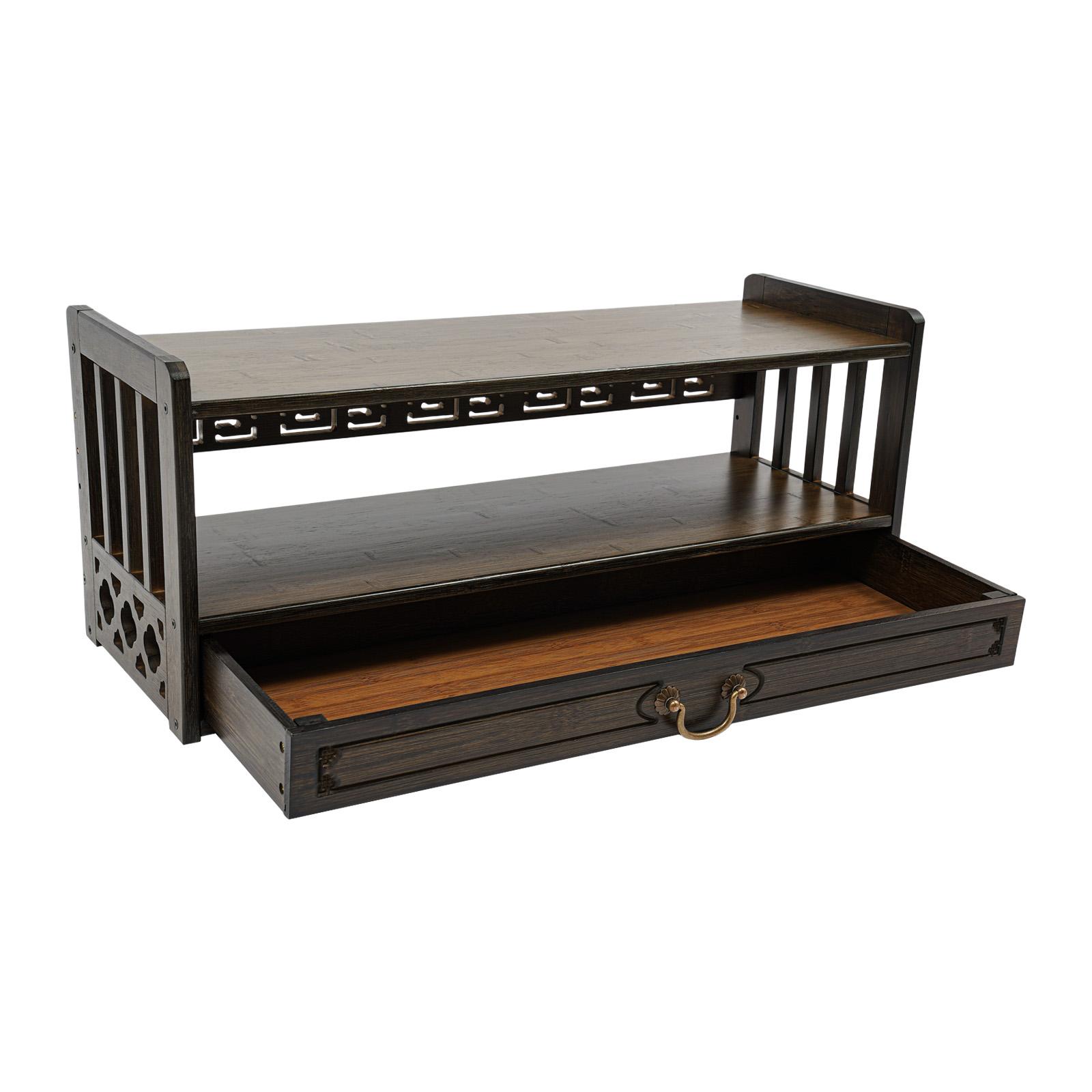 Carved Bamboo Storage Table with 2 Open Shelves & Drawer, 55 lbs Capacity Altar Table for Buddha Statue Meditation Bowl, Pooja Table for Prayer Rituals, Home Shrine Temple Living Room Furniture