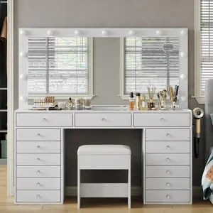A FUSOU 55" W Vanity Desk, Makeup Vanity with Charging Station, 15 Drawers Vanity with Lighted Mirror, 3 Lighting Modes, Brightness Adjustable, Glass Top, Vanity Table with Chair for Bedroom,Deals For You Days Deals For You Days