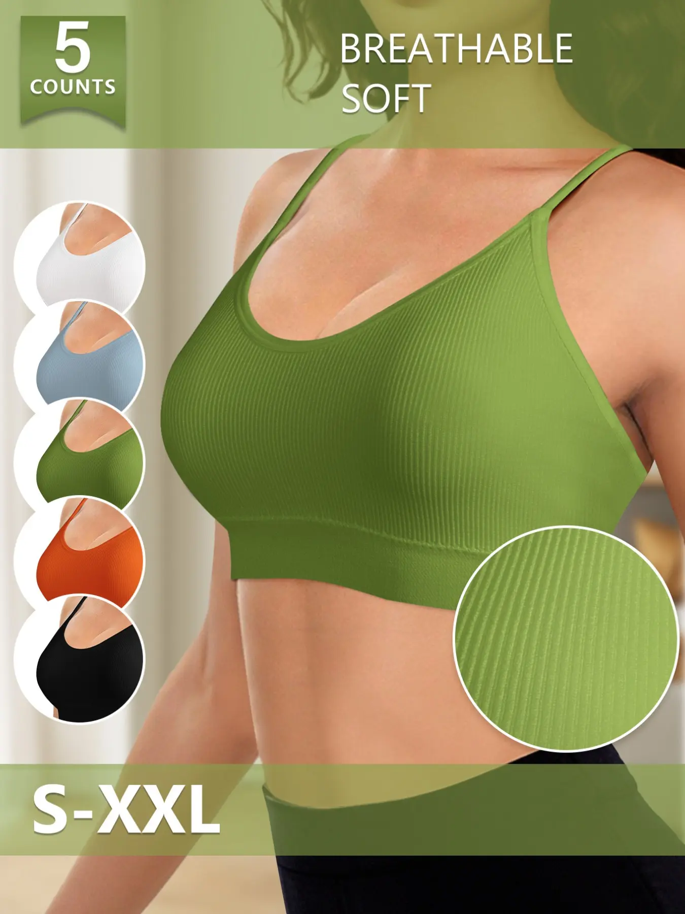 5-Pack Morelect Breathable Wireless Everyday Bras for Women, Soft Comfortable No Underwire, Multi-Color Backless Bra, Daily Medium Support Bra S-Xxl