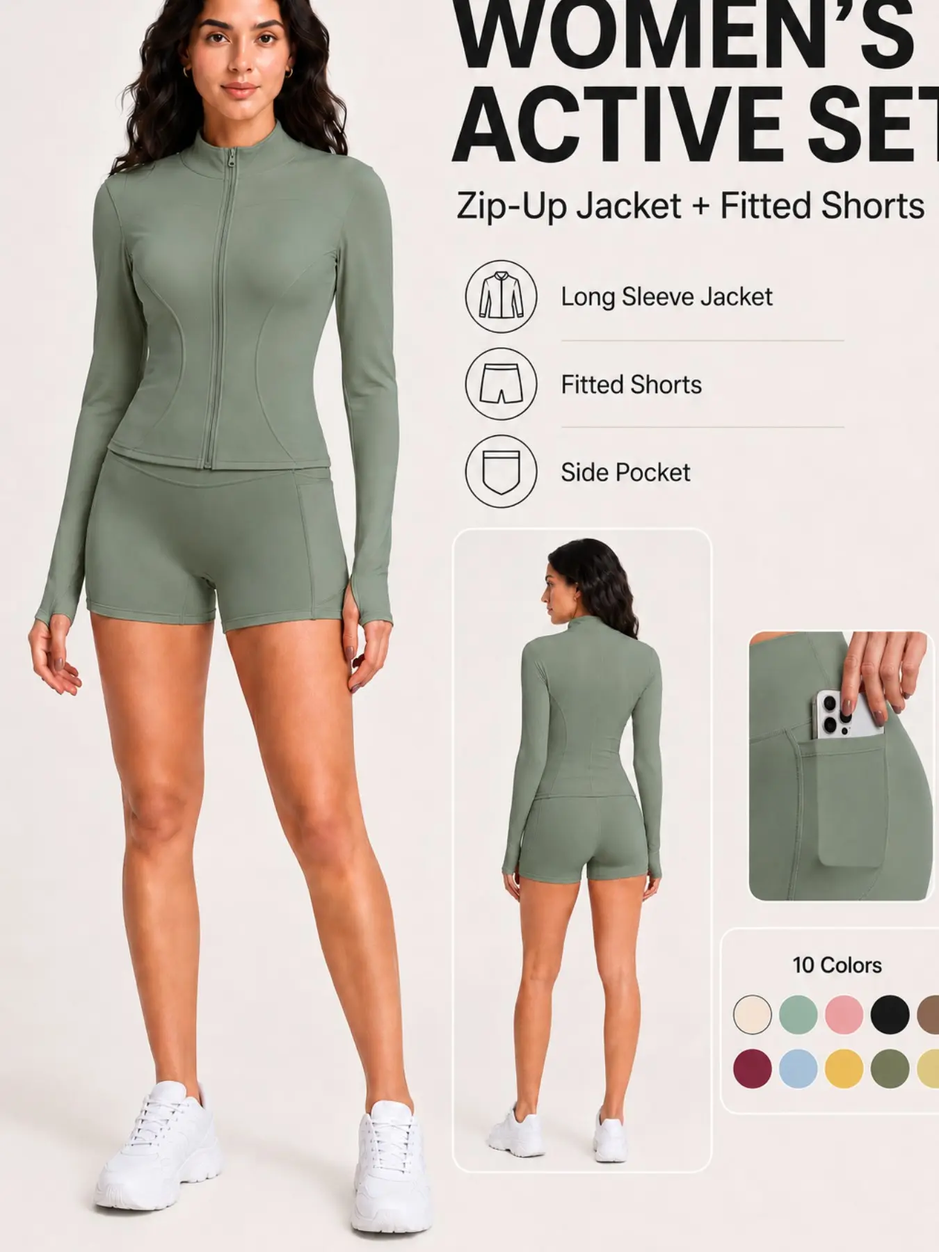 Women's Two-Piece Sports Set, Long Sleeve Zipper Jacket with Side Pockets, High-Waisted Cycling Shorts, Elastic Sportswear for Yoga, Fitness, Daily Wear, Sport Knit Set, Gym Workout Set, All Season Activewear