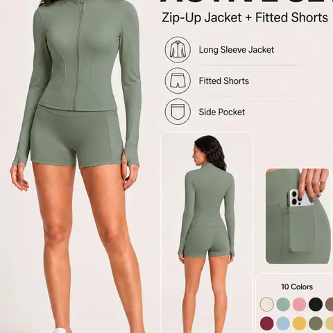 Women's Two-Piece Sports Set, Long Sleeve Zipper Jacket with Side Pockets, High-Waisted Cycling Shorts, Elastic Sportswear for Yoga, Fitness, Daily Wear, Sport Knit Set, Gym Workout Set, All Season Activewear, Fitness Outfits, Women Workout Clothes
