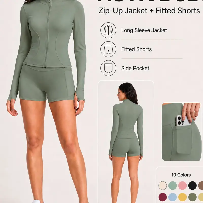 Women's Two-Piece Sports Set, Long Sleeve Zipper Jacket with Side Pockets, High-Waisted Cycling Shorts, Elastic Sportswear for Yoga, Fitness, Daily Wear, Sport Knit Set, Gym Workout Set, All Season Activewear, Fitness Outfits, Women Workout Clothes