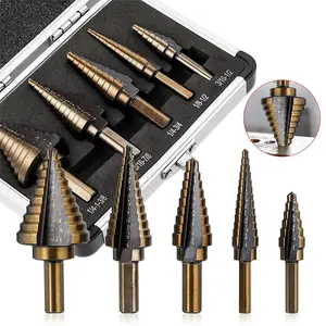 Step Drill Bit Set, HSS 5PCS Titanium Step Drill Bit Set, 50 Sizes in 5 High Speed Steel Unibit Drill Bits Set for Sheet Metal with Aluminum Case, Multiple Hole Stepped Up Bits for DIY Lovers
