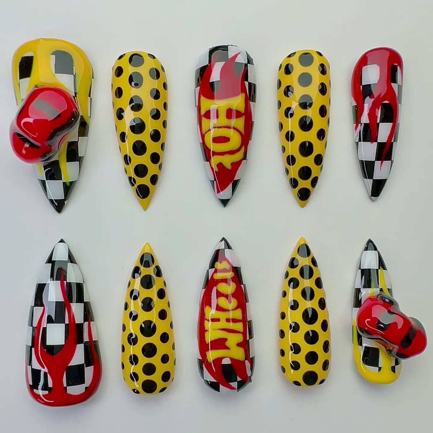 Hot Wheels Inspired Press On Nails Handmade Racing Checkered Stiletto Black Yellow Reusable False Nails | FREE Adhesive Tabs FREE Nail File FREE Cuticle Stick