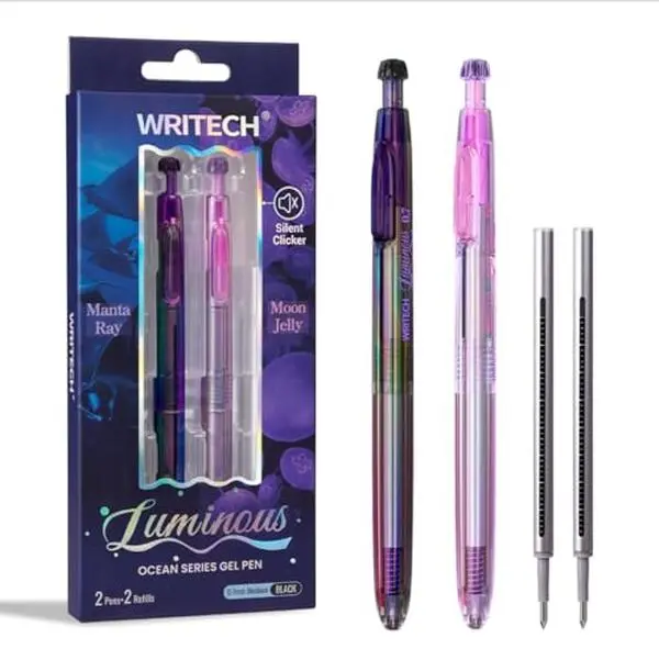 WRITECH Gel Pens Medium Point: Luminous pen set 0.7mm, Black Ink, Includes 2 Pens and 2 Refills, Silent Clicker, Smooth Writing for School Office & Everyday Use