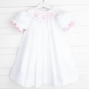 Big Sister Smocked Bishop Dress White with Pink
