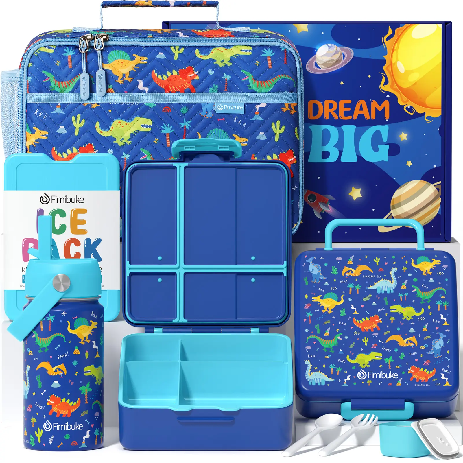 C2.Blue Dinosaur Bento Lunch Thermos Set