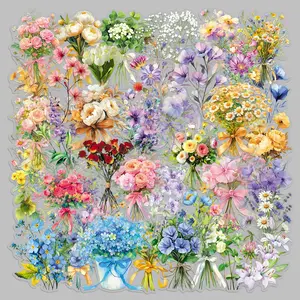 50 pieces bouquet creative plants flowers small fresh stickers luggage refrigerator mobile phone case photo frame cartoon transparent stickers