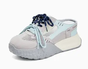 Women's Breathable Mesh Backless Chunky Sneakers - Light Gray Blue Platform Slip-On Casual Shoes Jane Mary Elegant