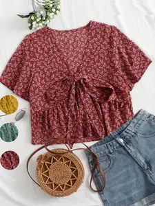 [Plus Size] Boho Floral Print Tie Front Crop Top, Casual Short Sleeve Cropped Top for Daily Wear, Women's Plus Clothing for All Seasons, Blouse