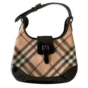 Pre-owned BURBERRY Hobo Shoulder Bags nova check canvas Ann black leather bag authentic with COA