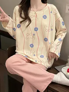 Women's Spring Cartoon Print Pajama Set, Long Sleeve & Pants Homewear, Casual Fitted Sleepwear, Button Front Design, Pockets Included