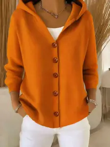 Women's Single Button Drawstring Hooded Knit Cardigan, Sweet Casual Style, Long Sleeve, Fall & Winter Fashion, Daily Wear