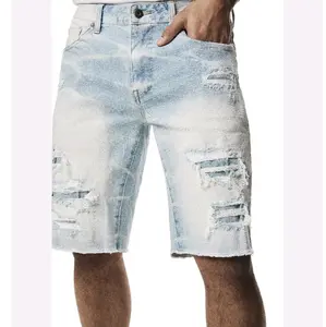 Short Jeans - Light Blue Washed Denim with Distressed Details and Pockets