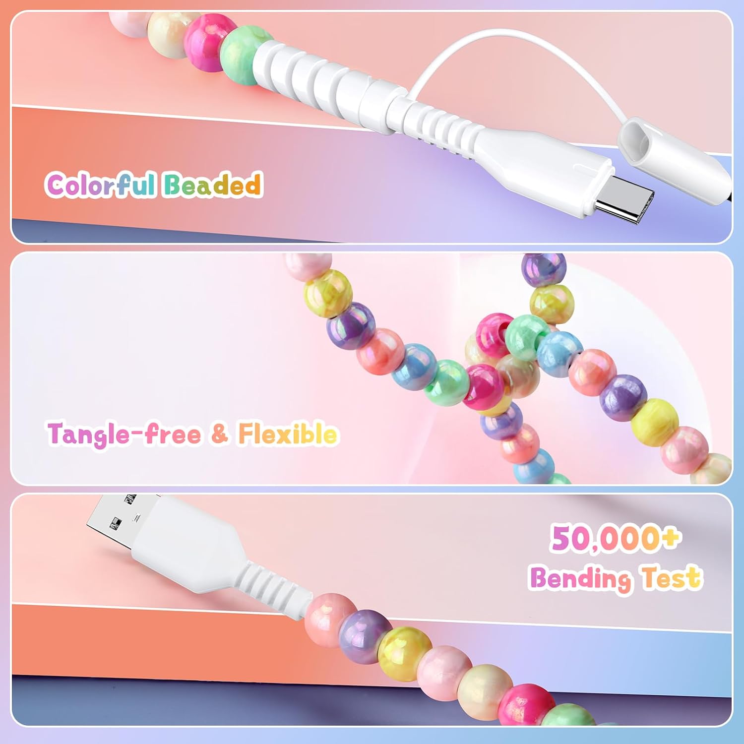 2 PCS 2-in-1 Charging Cable Compatible with All Devices USB-C, Lightning, Micro USB & USB-A Durable 3.3Ft Colorful Beaded Cord for Fast Charging & Data Transfer