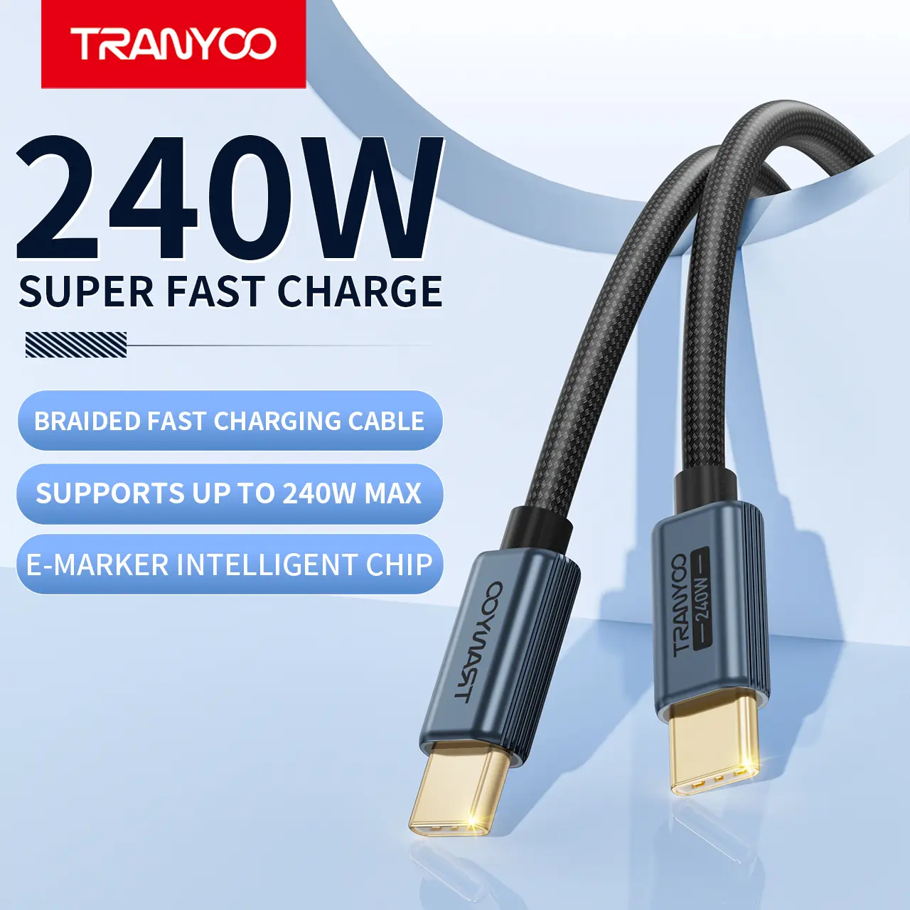 TRANYOO T-CC-7 240W USB-C Fast Charging Cable, Mini Aluminum Alloy Design, 48-Braided Nylon Cord, E-Marker Chip, PD Fast Charge for Laptop, Tablet & Phone, 1.2M summerwins