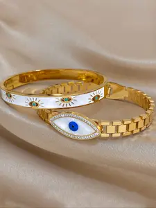 2pcs Set Evil Eye Stackable Bracelets, Stainless Steel Gold Plated with Shell Inlay, Enamel & Rhinestone Accents, Waterproof Tarnish-Resistant Adjustable Link Chain & Open Cuff Bangle Protection Jewelry Gift