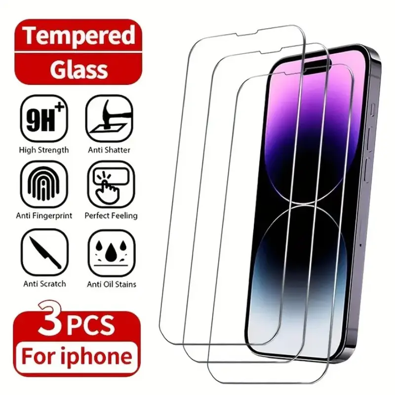 3-Pieces Shatter-Resistant HD 9H Hardness Tempered Glass Screen Protectors for iPhone Series (17/16/15/14/13/12/11 Pro Max) - Full Coverage, Bubble-Free Installation, Shockproof Smartphone Accessories, Fits iPhone 17 Pro Max