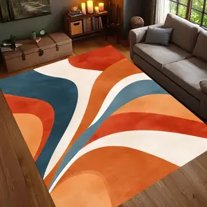 Modern Abstract Wave Flannel Area Rug - Terracotta & Teal Curved Print Soft Mat for Living Room & Bedroom, Non-Slip Minimalist Home Decor #ModernAbstractRug #WavePatternMat #MinimalistHomeDecor #TerracottaTealCarpet #NonSlipFlannelRug