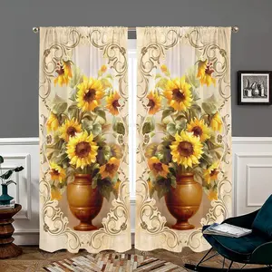 2 Pieces Retro Sunflower Vase Digital Printed Curtains, Pole Pocket Installation, Lightweight Semi Blackout Privacy Protection, Polyester Fiber, Elegant Home Decor