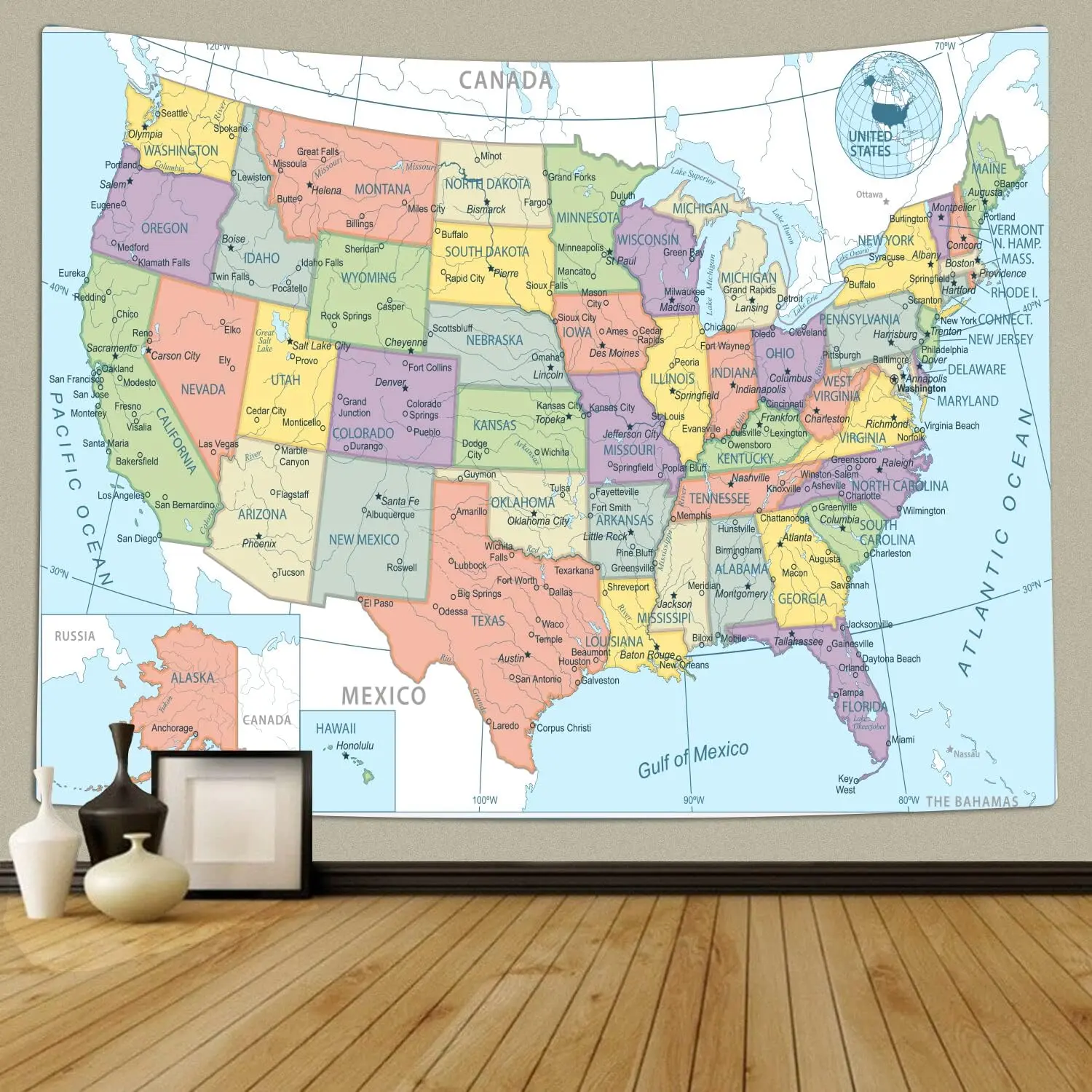 United State Map Tapestry, US Maps Tapestry for Student, Educational Tapestry Wall Hanging for Classroom Bedroom Living Room Dorm Decor