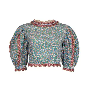 CeliaB Blue Floral Crop Shirt Puff Sleeve - Size: S