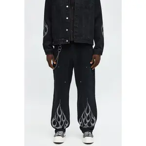 Baggy Ice Flames Jeweled Carpenter Jean - Black Wash