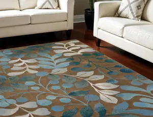 HomeRoots 556014 7x9 ft. Rectangle Contemporary Rug - Blue & Brown Nature Motif, Botanical Leaves, Polyester Fiber, Machine Tufted, Stain-Proof Area Rug, Contemporary Rugs