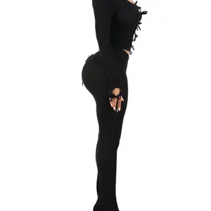 Bowtiful Rare Set - Black Long Sleeve Top with Cut-Out Details & Matching Leggings for a Stylish Look