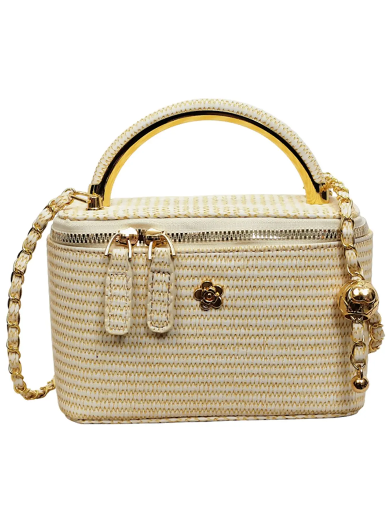 High-Quality Imitation Woven Texture Box Bag, Metal Handle + Camellia Decoration, Crossbody & Handbag, Luxury Chain Wallet, Daily Use, Crossbody With Chain, Crossbody Shoulder Purse
