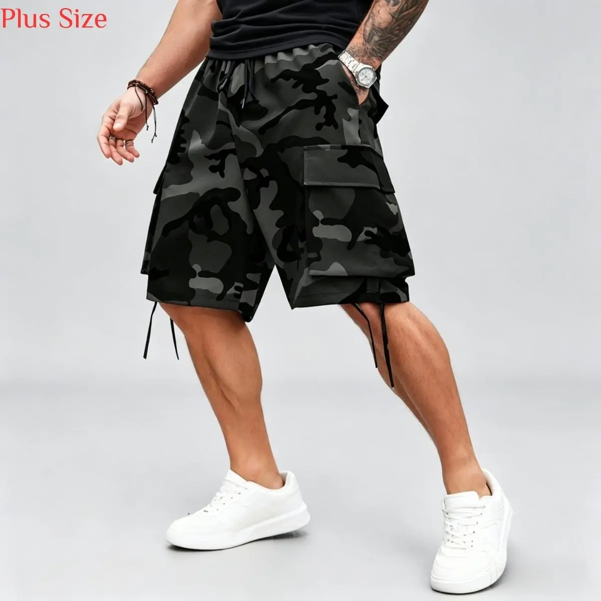 Plus Size Men’s Camouflage Cargo Shorts - Extra-Large Camo, Military-Inspired Pocketed Off-Road Shorts, Summer Outdoor Hiking, Durable Drawstring Bottoms, Camo Shorts, Extra-Large Men's Shorts Black Camo