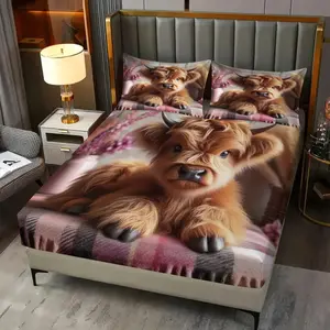 3Pcs Nordic Pastoral Style Fitted Sheet Set,Realistic and Adorable Highland Cow Prints Bedding Set, Bed Sheets Set.  Durable Soft Microfiber Bedding, Creating Warm and Comforting Atmosphere In The Bedroom. Includes Two Pillowcases (Pillows Not Included).