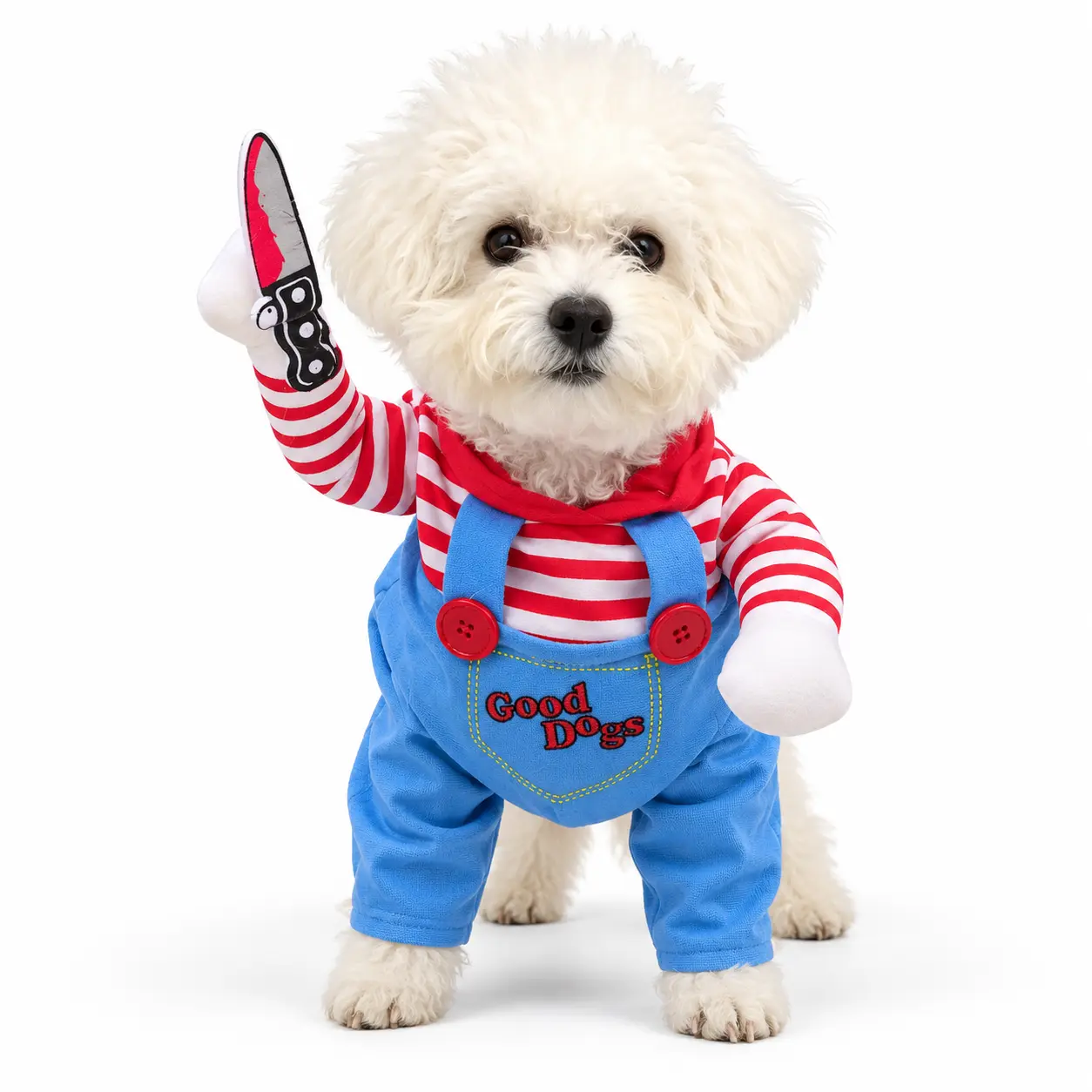 Halloween Dog Costume with Soft Prop Knife, Funny Pet Cosplay Outfit, Blue Overalls with Red and White Striped Shirt for Small Dogs, Puppies and Cats, Halloween Parties and Photos