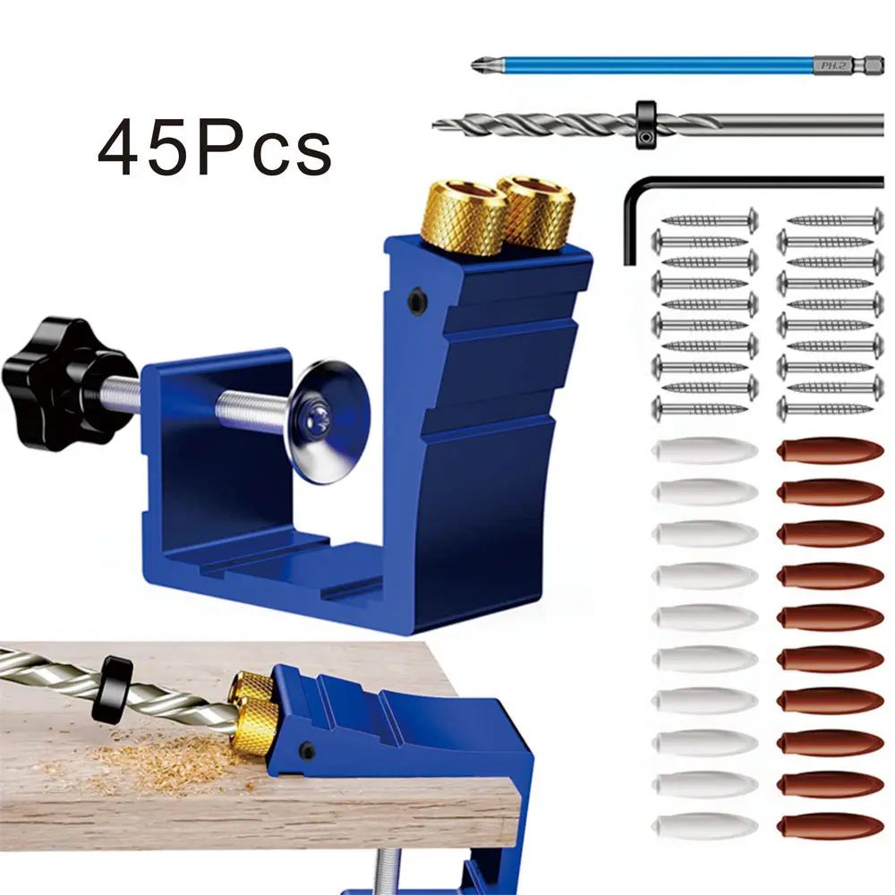 45Pcs/Set Pocket Hole Jig Kit Dowel Drill Joinery Screw Kit Carpenters Wood Woodwork Guides Joint Angle Tool Carpentry Locator Portable Tool Kit Tool Sets Tool Kit for Home