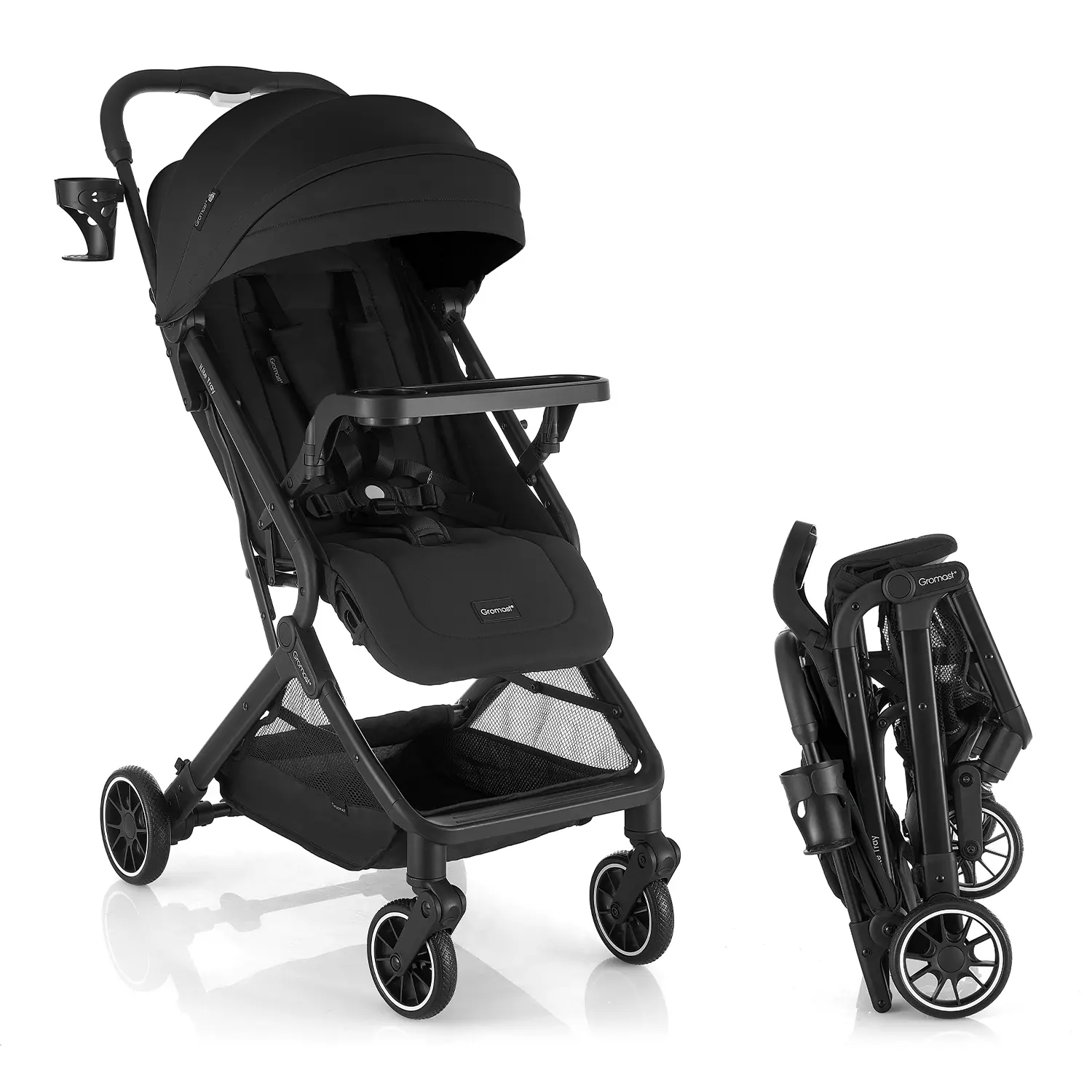 Gromast Lightweight Baby Stroller with Detachable Snack Tray, One-Hand Quick Fold, 15lbs Compact Travel Stroller with Adjustable Backrest, UV-Protective Canopy & Cup Holder - Black